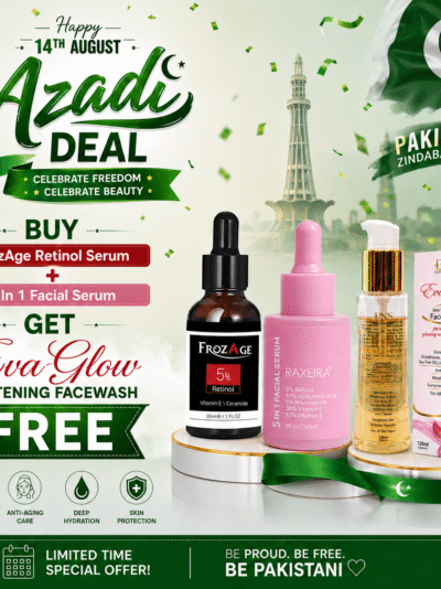 Azadi Deal: Buy 5-in-1 Facial Serum + FrozAge Retinol Serum & Get EvaGlow Face Wash FREE